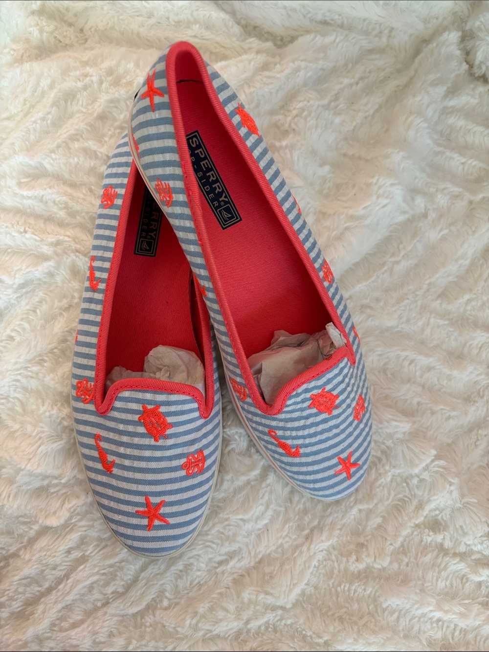 Sperry Blue Stripe Slip-Ons with Coral Sea Motifs